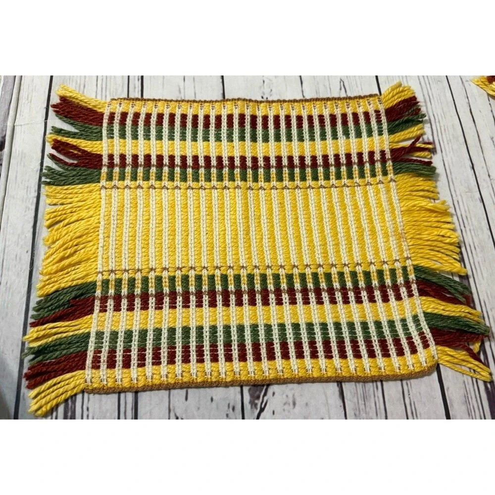 Set Of 8 Hand Made Placemats MCM Yellow Green Burgundy Knit
